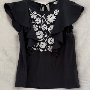 CROSBY by Mollie Burch Black Blouse with White Floral Embroidery
